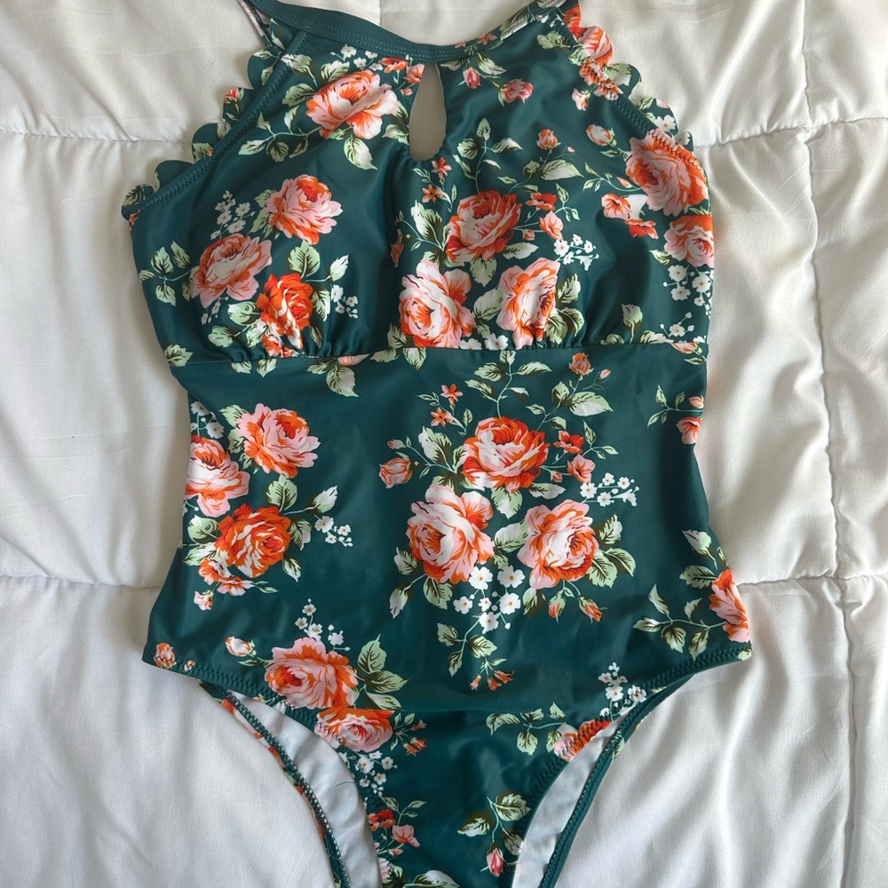 Green Floral One-Piece Swimsuit with Peach Rose Print